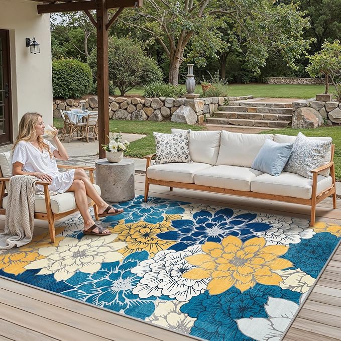 GENIMO Indoor Outdoor Area Rug 6' X 9' Waterproof, Washable Patio Rug Non Shedding, Easy Cleaning Floral Outdoor Carpet for Living Room, Bedroom, Dining Room, Balcony, Backyard, Deck, RV, Blue