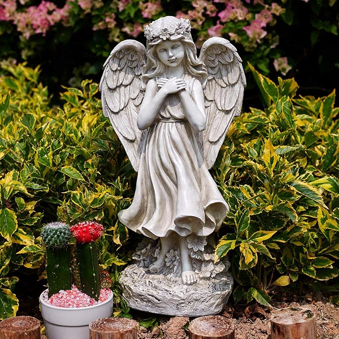 Garden Angel Figurines, Light Up Praying Angel Statues Outdoor Statue with Solar LED Lights for Patio, Lawn, Cemetary Grave Decoration, Sympathy Gift, 16.9" H