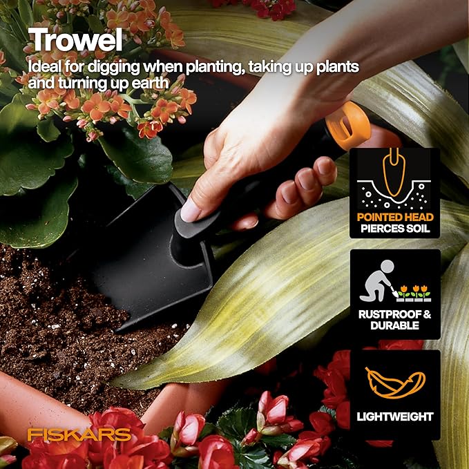 Fiskars Flower Gardening Tool Gift Set with Floral Pruner, Trowel, Cultivator, Garden Gloves, and Ultra-Light Kneeling Cushion for Outdoor Use (5 Piece Kit)