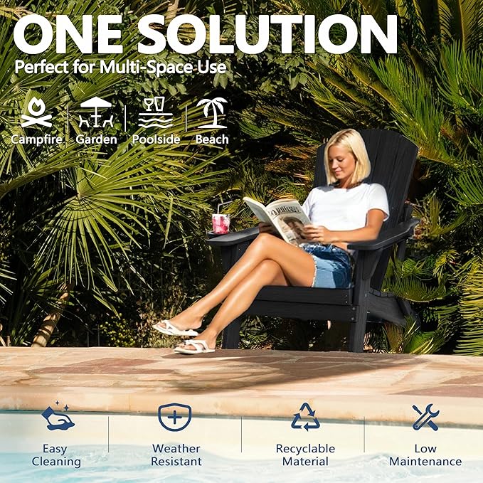 Folding Adirondack Chair Set of 2 with Cup Holder, HDPE All Weather Resistant Plastic Outdoor Patio Chairs, Heavy Duty Fire Pit Seating for Backyard Lawn Garden, Wooden Textured Design(Black)(Black)