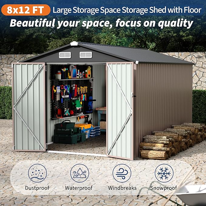 8x12 FT Metal Storage Sheds Outdoor, Metal Yard Sheds Garden Shed Kit, Metals Tool Shed with Lockable Door, Metals UtilityShed Buildings with Air Vent for Backyard Garden Patio Lawn