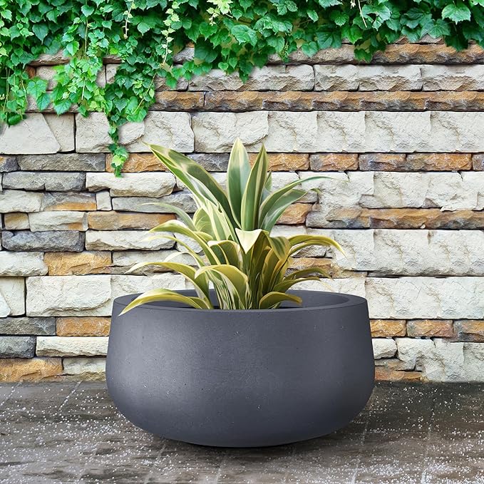 Kante 15.7" Dia Round Concrete Planter, Outdoor Indoor Garden Plant Pots with Drainage Hole and Rubber Plug, Modern Curvaceous Design, Charcoal