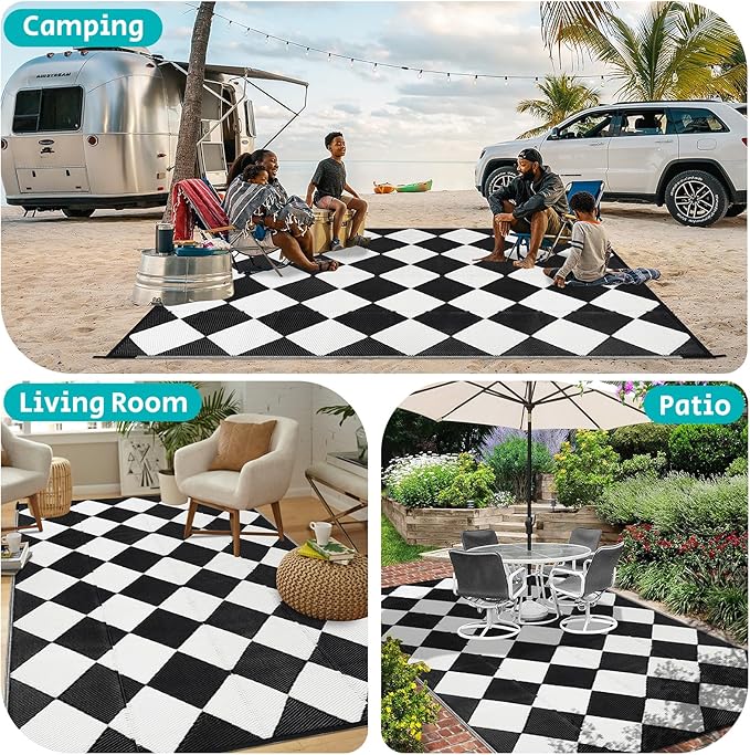 HEBE Outdoor Rug Waterproof 9x12, Reversible Plastic Straw Rug RV Camping Rug, Indoor Outdoor Patio Mat Clearance, Outside Carpet for Porch,Deck,Camper,Balcony,Backyard,Picnic