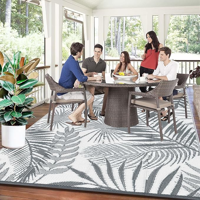 HiiARug Outdoor Reversible Plastic Straw Rug, 9'x12', Cool Gray, Large Patio Mat for RV, Backyard, Deck, Picnic, Beach, Trailer, Camping