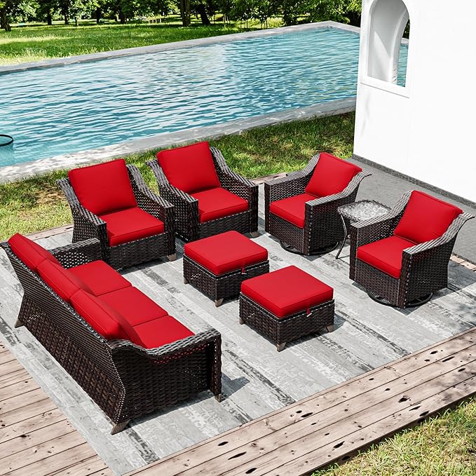 Joyside Wicker Patio Furniture Sets, 8 Pieces Upgraded Large Size Outdoor Furniture with Swivel Rocking Patio Chairs, Patio Dining Chair, 3-Seat Sofa, Outdoor Ottoman, Thick Cushions, Wide Armrest
