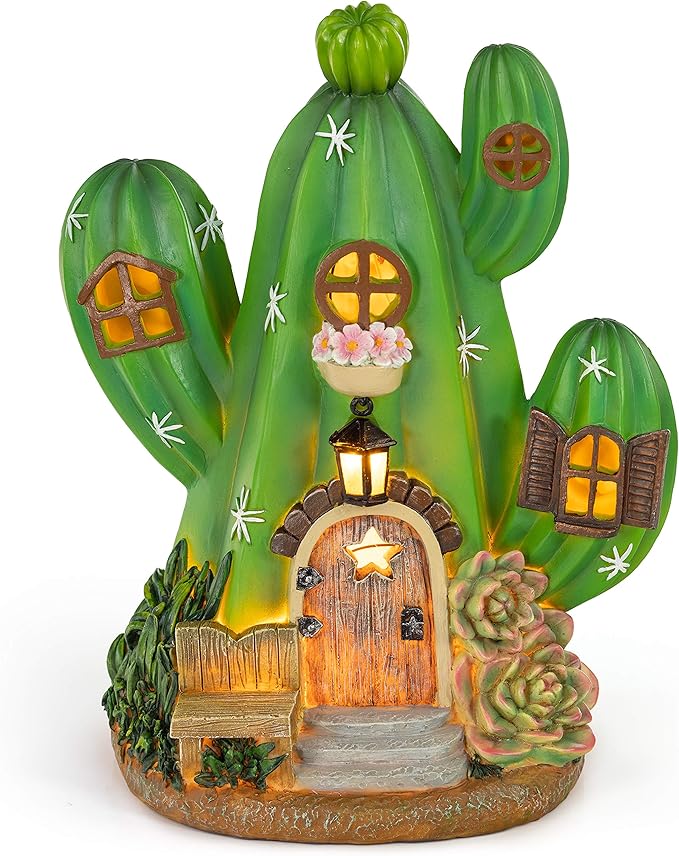 VP Home Enchanted Cactus Cottage Solar Light for Home and Outdoor Decor, Cactus Cottage Solar Powered Flickering LED Garden Light Cottage Backyard Halloween Decoration