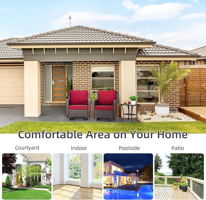 Towallmark Outdoor Swivel Wicker Glider Patio Chairs with Table Set, 3 Pieces Outdoor Bistro Set with 4”Thick Cushions and Coffee Table for Porch, Balcony, Deck (Red)