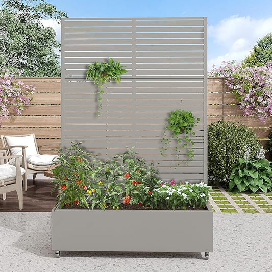 Casaphoria Metal Raised Garden Bed with Trellis and Wheels, 72"x47"x16" Planter Box for Climbing Plants, Vegetables & Vines, Features Drainage Holes and Privacy Screen (Grey-Louvered)