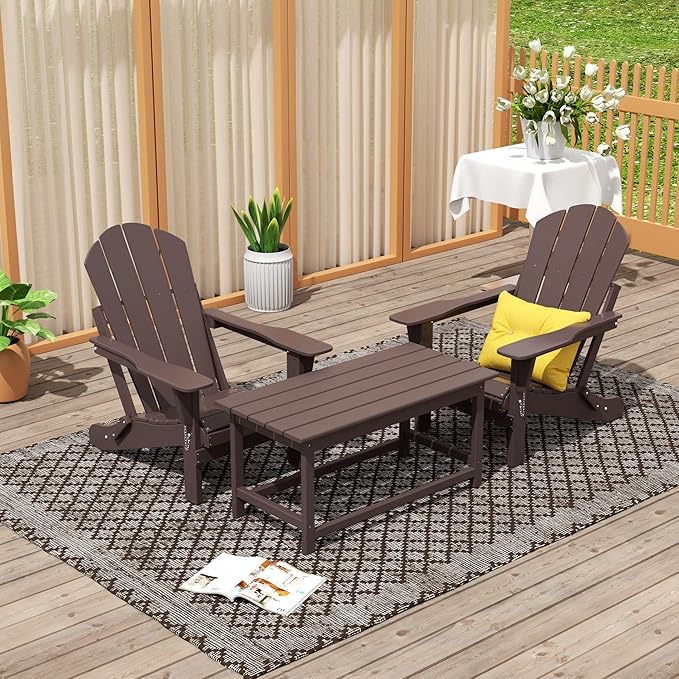 WO Home Furniture Adirondack Chairs Table Set of 3 PCS Outdoor Folding Chairs Coffee Table Weather/UV Resistant for Lawn, Garden, Bon Fire, Balcony (Dark Brown)