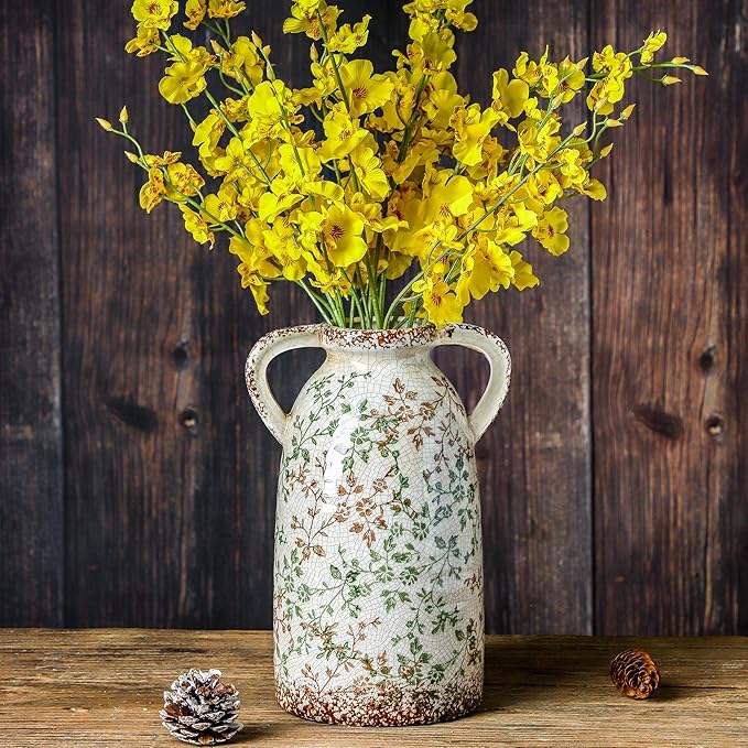 Enra Large Vintage Green and Beige Ceramic Chinoiserie Floral Vase, 11.2 Inch Rustic Decorative Flower Vase for Home, Living Room, Kitchen, or Office – Pastoral Retro Design