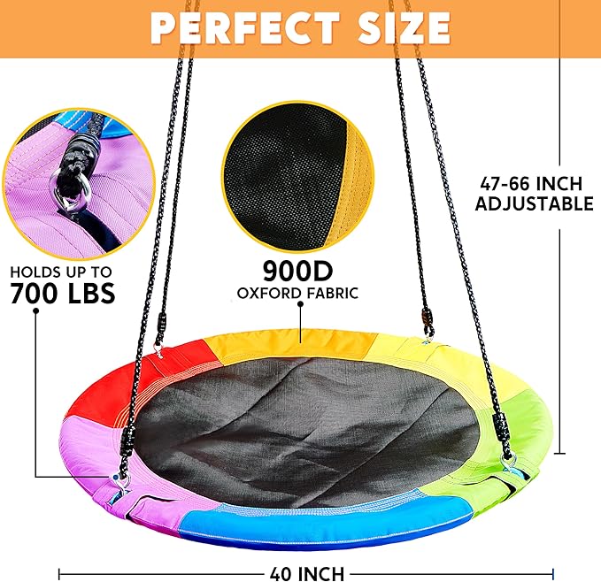 TURFEE 40" Saucer Tree Swing for Kids - 900Lb Weight Capacity, 900D Waterproof Oxford Fabric Platform Swing Seat with Adjustable Ropes for Kids Playground Outdoor Activity Backyard Fun (Rainbow)