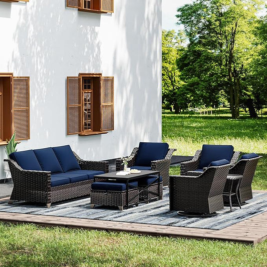 Joyside Wicker Patio Furniture Sets, 9 Pieces Upgraded Large Size Outdoor Furniture with Swivel Rocking Patio Chairs, Patio Dining Chair, 3-Seat Sofa, Outdoor Ottoman, Coffee Table, Thick Cushions