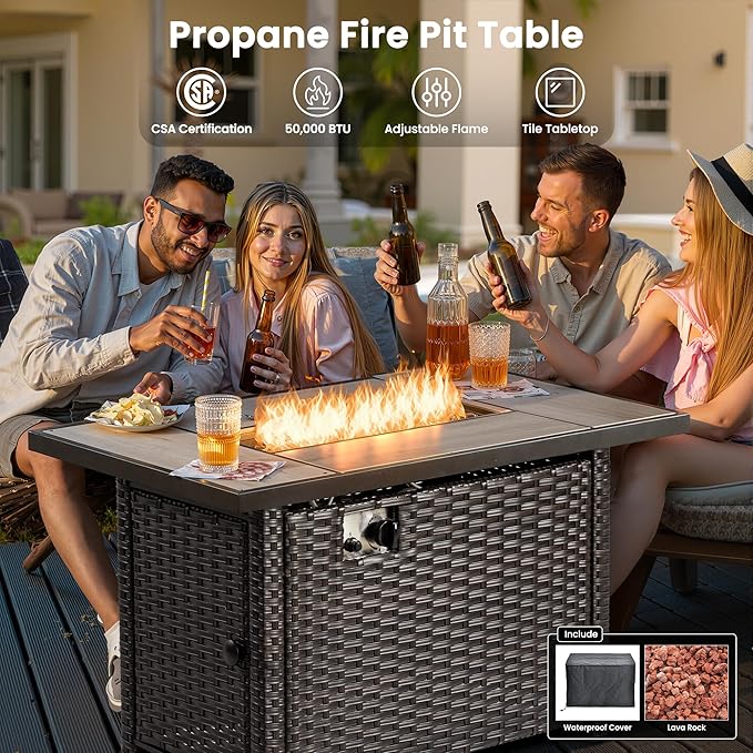 ovios 5 Pieces Patio Furniture Set with 42" Fire Pit Table, Outdoor Wicker Sofa with Loveseat, Comfy Cushions, High Back Couch Conversation Set, Brown Rattan, Beige