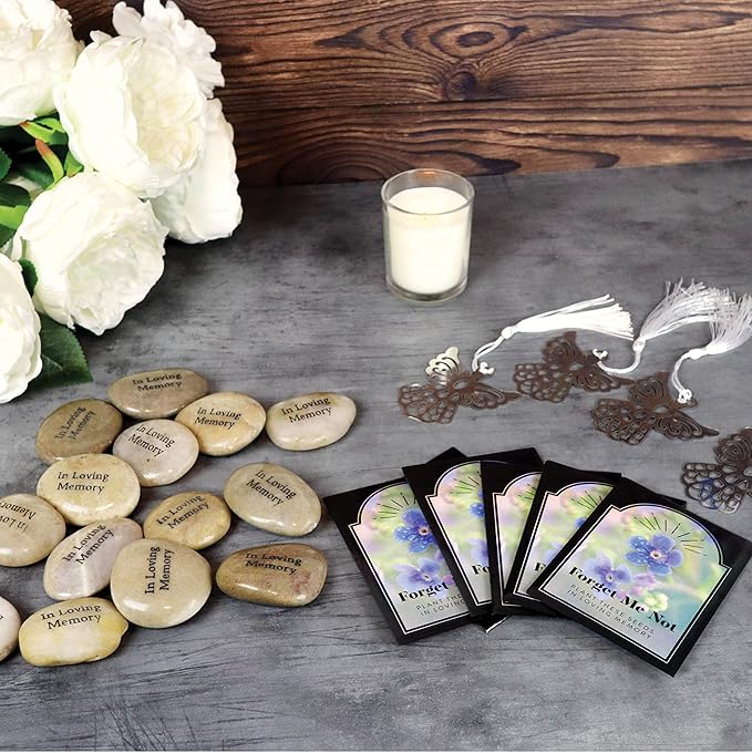 50 Memorial Stones - Inspirational River Rocks Engraved with in Loving Memory - Celebration of Life Decorations - Recuerdos de Difuntos para DAR En UNA Misa