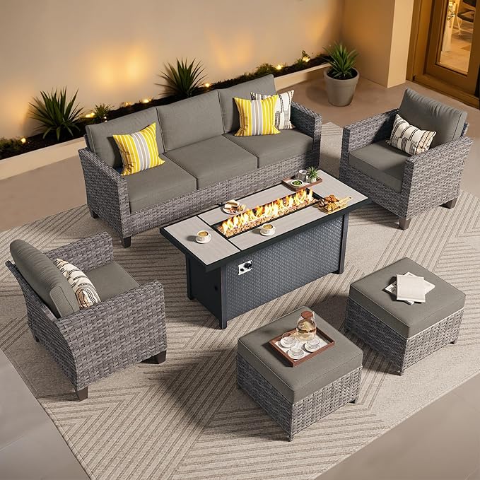 ovios 6 Pieces Patio Furniture Set with 54" Fire Pit Table, Outdoor Wicker Sofa with Comfy Cushions, All Weather High Back Rattan Couch Conversation Set, Dark Grey