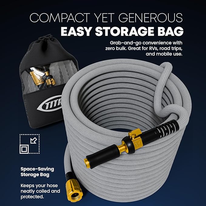 TITAN Flexible Garden Hose 20FT – Ultra Lightweight, Heavy Duty Water Hose with Brass Fittings & Jet Nozzle – Kink-Free, Non-Expanding, Durable Fabric Hose for Yard, Lawn, Car Wash, Outdoor Use