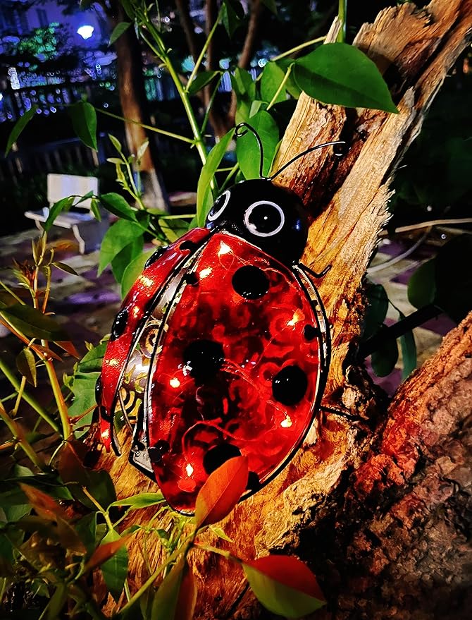 Solar Ladybug Outdoor Garden Statue,Hanging Waterproof LED Solar Lights Outdoor Decor,Metal Ladybug Ornament,Lantern Indoor Figurines for Patio Garden Table Decor for Ourdoor