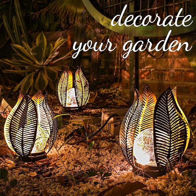 Solar Garden Lights Waterproof Decorations,Crackle Globe Glass,Metal Palm Leaf Solar Lights for Outdoor Decor On Garden,Patio,Yard,Front Porch,Tabletop Lamp-Perfect Gifts