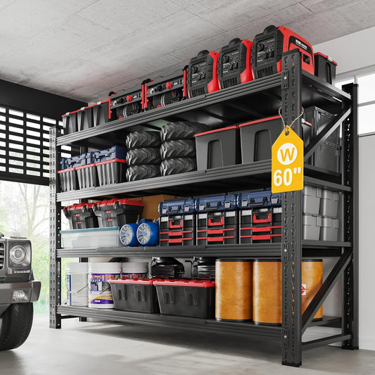 5000LBS Metal Steel Storage Shelves - 60" W Black 4 Tier Heavy Duty Rack Commercial Industrial Shelving with Adjustable Shelf for Basement Garage Warehouse - 60" W x 24" D x 70" H
