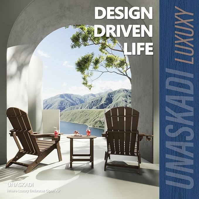 Folding Adirondack Chair Set of 3 with Cup Holder, HDPE All Weather Resistant Plastic Outdoor Patio Chairs, Heavy Duty Fire Pit Seating for Backyard Lawn Garden, Wooden Textured Design(Coffee)