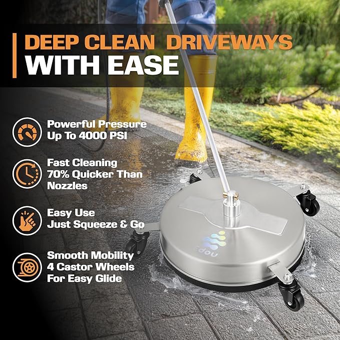 EDOU 18 inch Pressure Washer Surface Cleaner - Stainless Steel Power Washer Attachment - 4,000 PSI Max - Concrete Cleaner with Dual Nozzles and Extension Wands - Silver
