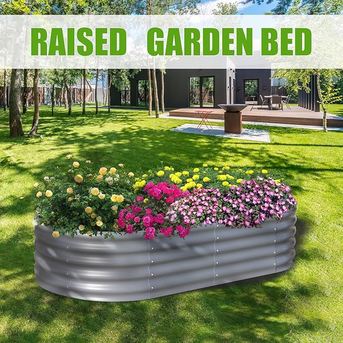 SnugNiture Galvanized Raised Garden Bed, 8x4x1.5ft Oval Metal Planter Box for Planting Outdoor Plants Vegetables