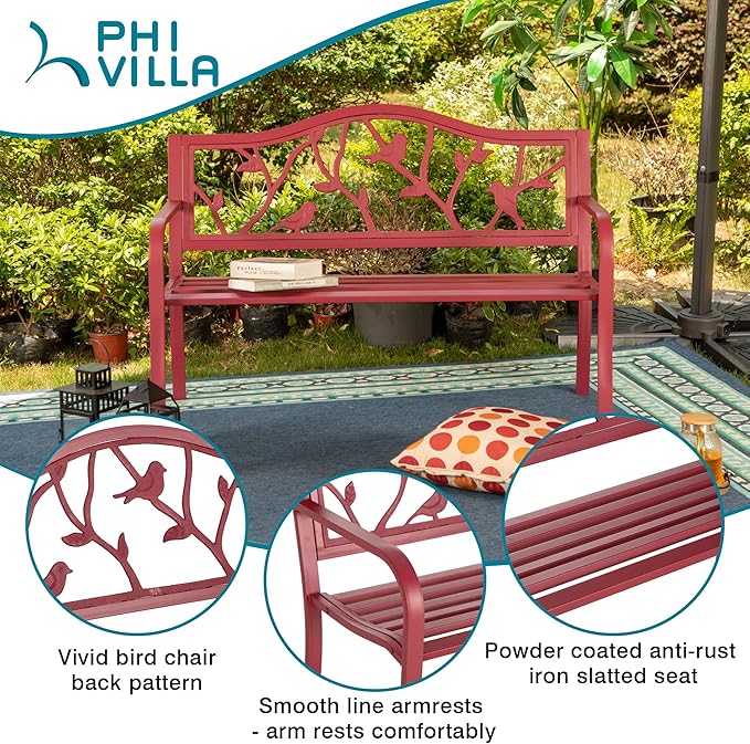 PHI VILLA Outdoor Patio 50" Metal Park Bench Red, Steel Frame Bench with Backrest and Armrests for Porch, Patio, Garden, Lawn, Balcony, Red Bird