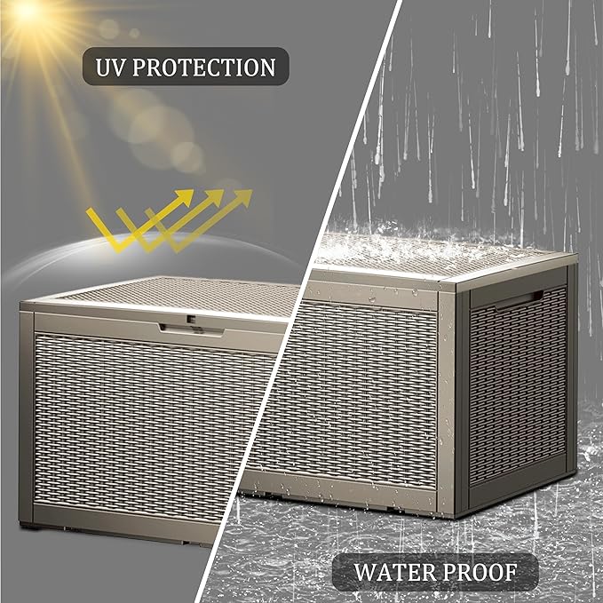 Multi-Functional 100 Gallon Patio Storage Bench - Waterproof Outdoor Deck Box & Storage Cabinet, Lockable Resin Chest for Pool/Garden Accessories, UV-Resistant, Weathered Grey