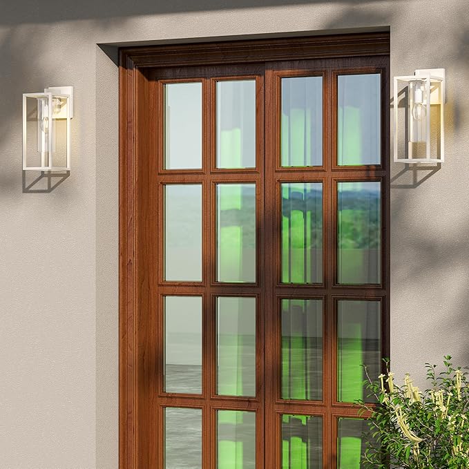 15.7 Inch Outdoor Wall Lights, Outdoor Wall Lantern with Circular Clear Glass Shade, Waterproof Exterior Lighting Fixtures, Modern Front Porch Lighting for House, Garage, E26 Base, ETL Listed, White