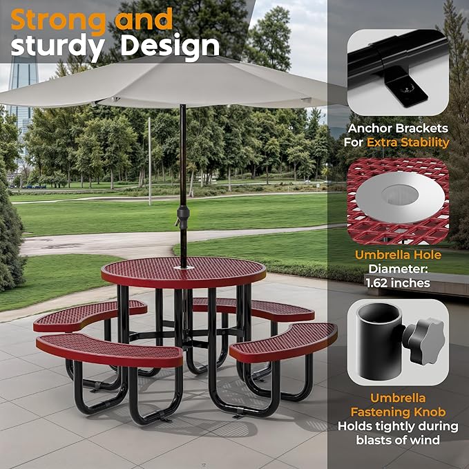 Metal Picnic Tables for Outdoors with Umbrella Hole - Coated Steel Heavy Duty Commercial Grade Table with Adjustable Seats (Red, 38 in, Round, Expanded Steel)