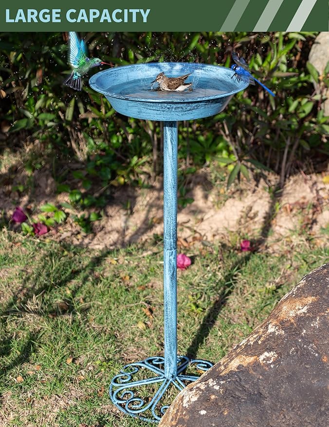 Bird Baths for Outdoors 25.5 Inch Height Outdoor Garden Bird Feeder Metal Birdbath with Dragonfly for Garden Yard and Lawn Decoration,Blue