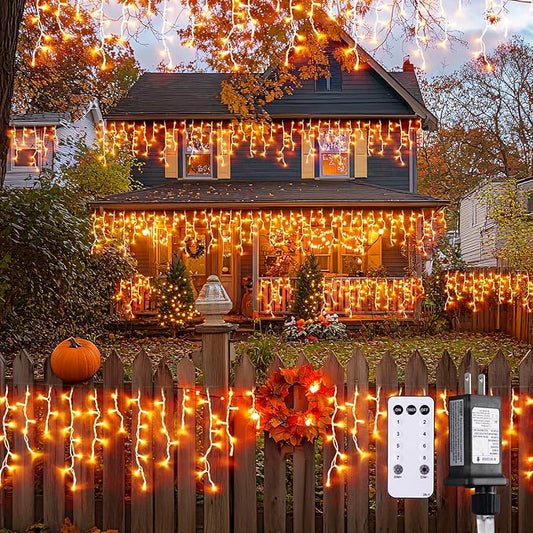 JMEXSUSS Orange Lights for Thanksgiving, 400 LED Orange Icicle Lights Outdoor, 8 Modes Orange Lights with 80 Drops Thanksgiving String Lights Plug in for Fireplace Indoor House Roof Outdoor Holiday