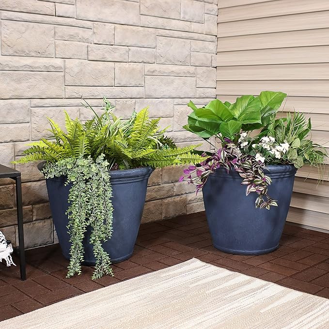 Sunnydaze 24-Inch Anjelica Large Plastic Pot for Plants - Outdoor Polyresin Round Planter with Drillable Drainage Holes - Slate - 4pk