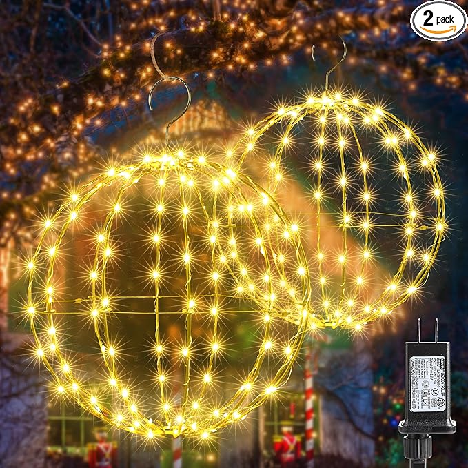Outdoor Decorations Hanging Ball Lights 2PCS - 12 Inch Connectable Hanging Tree Globe 120 LED Fairy Lights with 8 Lighting Modes,Timing Function Waterproof Indoor Outdoor (Warm White, 2pcs)