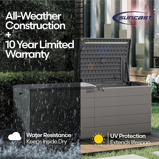 Suncast 120-Gal. All-Weather Patio Deck Box with Pad-Lockable Split Top Lid, Extra-Large Outdoor Storage Unit for Patio Furniture and Grill Tools, Made in the USA