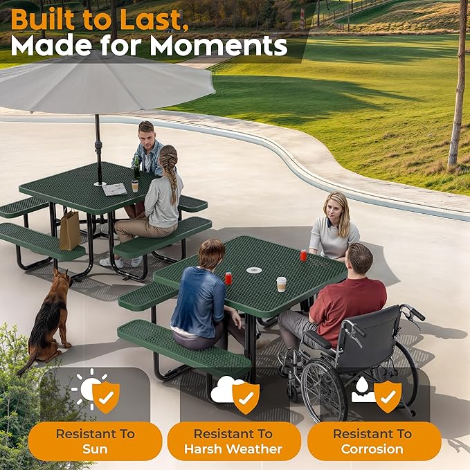 Metal Picnic Tables for Outdoors with Umbrella Hole - Coated Steel Heavy Duty Commercial Grade Table with Adjustable Seats (Green, 46 in, Square, Expanded Steel)