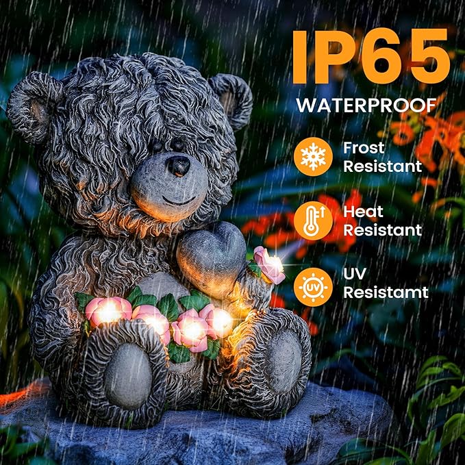 Solar Garden Outdoor Statues Bear with Heart and Pink Flower and 5 LED Lights-Lawn Decor Bear Statue for Patio, Balcony, Yard Ornament-Unique Valentine's Day and Housewarming Gifts for Mom, Women