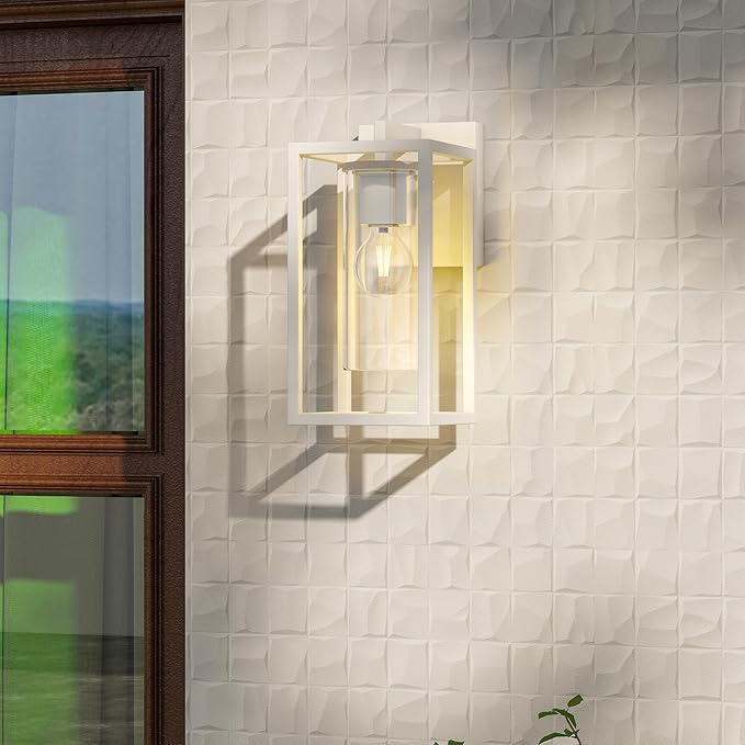 Pia Ricco Outdoor Wall Lights, Outdoor Wall Lantern with Circular Clear Glass Shade, Waterproof Exterior Lighting Fixtures, Modern Front Porch Lighting for House, Garage, E26 Base, ETL Listed, White