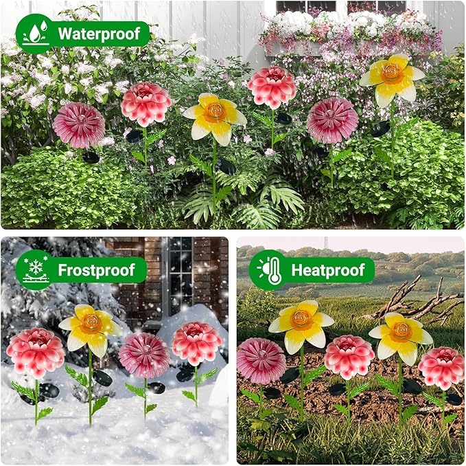 6Pcs 25" Solar Garden Decor for Outside, 3D Metal Flowers for Outside, Valentines Day Decorations Outdoor, Solar Stakes Garden Decor, Yard Art for Lawn Patio Porch Gifts for Her