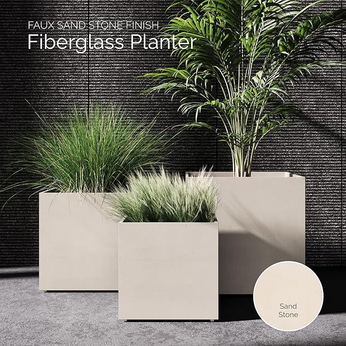 Reglito Cube Planter – Fiberglass Indoor/Outdoor and Weather-Resistant Large Planter (Sand Stone, 31.5" L x 31.5" W x 32.1" H)