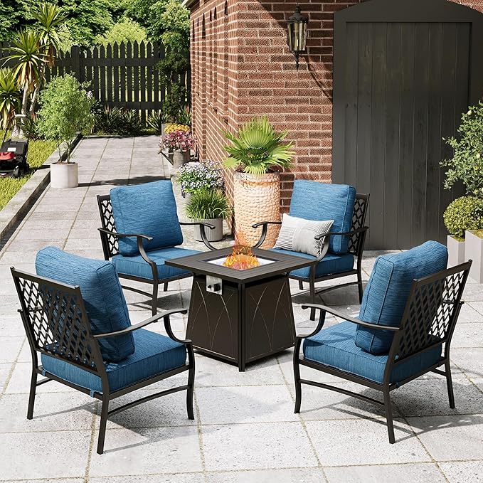 Patio Furniture Set with Fire Pit Table, 5 Pcs Metal Outdoor Conversation Set, 4 Single Chairs with 5.75" Extra Thick Cushion and 28" Fire Pit Table for Backyard Deck, Green Blue