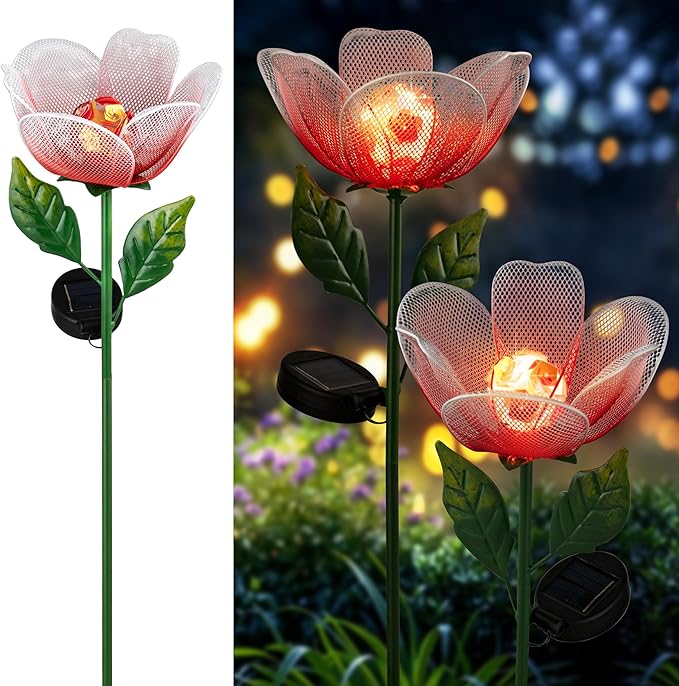Solar Lights Outdoor Garden, 2 Pack Solar Powered Metal Flowers LED Breathing Light Waterproof,Solar Flowers for Outside Patio Lamp,Garden Gifts for Women,Landscape Lighting,Yard Pathway Decor