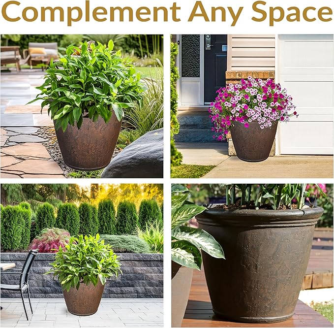 Sunnydaze 24-Inch Anjelica Large Plastic Pot for Plants - Outdoor Polyresin Round Planter with Drillable Drainage Holes - Rust