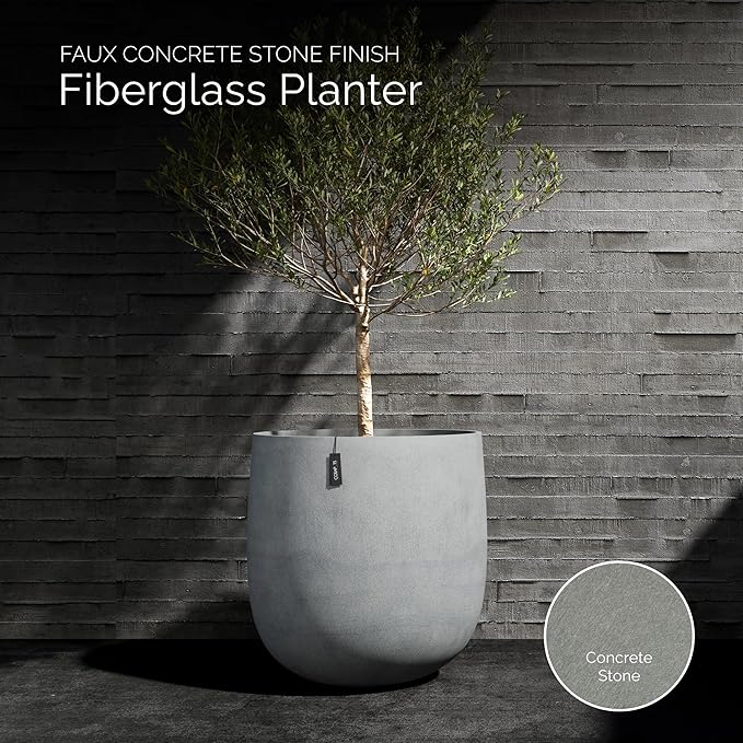 Mondo Large Planter – Concrete Stone Finish – Fiberglass Indoor/Outdoor and Weather-Resistant Round Planter (33" D x 31.3" H Exterior, 31.5" D x 30.7" H Interior)