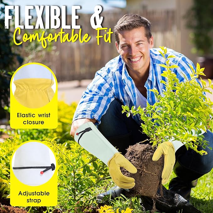 HANDLANDY Rose Gloves for Men & Women, Long Leather Gardening Gloves Thorn Proof, Best Garden Gifts & Tools for Gardener (Yellow-beige, Medium (Pack of 1))