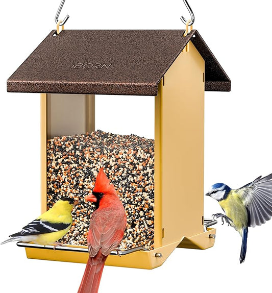 iBorn Bird Feeders for Outdoors,Bird House Feeder with Weatherproof Metal Roof & 8 Drain Holes,Fully Detachable Birdfeeder Design,Easy Clean & Refill,Chew-Proof PC Windows,1.5 Lbs Capacity,Coffee Roof