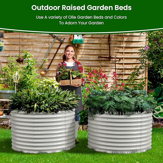 Olle 32" Tall, Raised Beds for Gardening Galvanized Raised Garden Beds Round Garden Bed Metal Flower Bed Outdoor, Backyard Garden Planter Box, Ivory