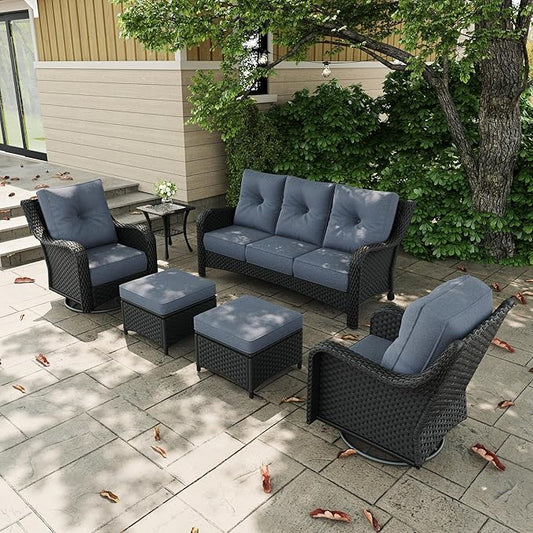 6 Pieces Outdoor Patio Furniture Sets with Rocking Swivel Chairs with 6-inch Thick Cushion and Side Table for Deck Lawn
