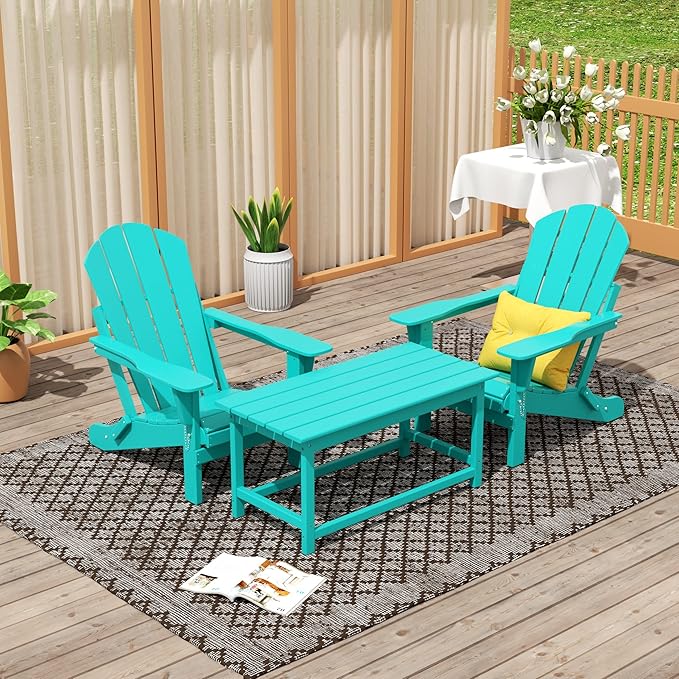 WO Home Furniture Adirondack Chairs Table Set of 3 PCS Outdoor Folding Chairs Coffee Table Weather/UV Resistant for Lawn, Garden, Bon Fire, Balcony (Turquoise)