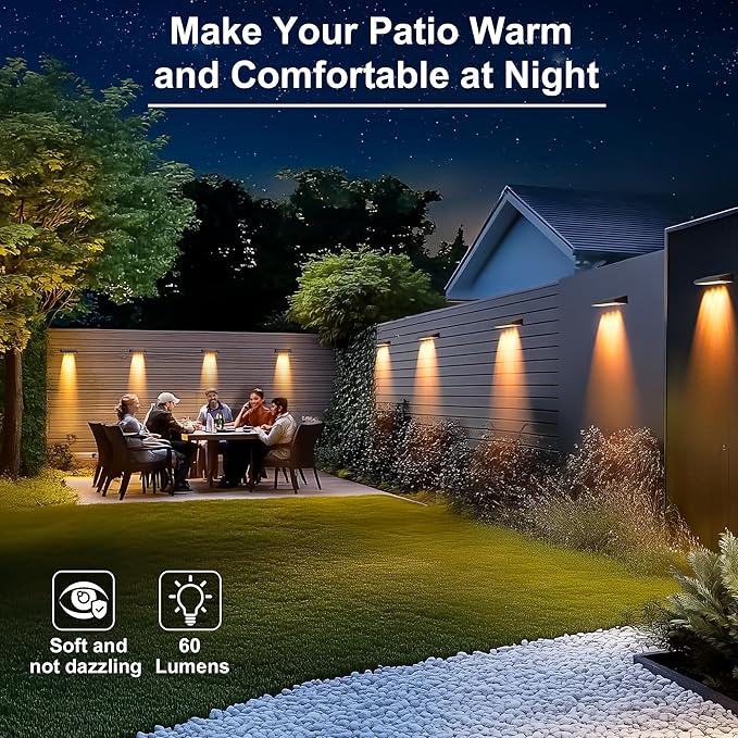 Solar Fence Lights Outdoor Waterproof IP65, 12 Pack Fence Lights Solar Powered 60 Lumens Auto On/Off Step Wall Lights Outside Decorations for Yard, Porch, Patio, Stairs, Pool, Deck, Garden- Warm Light